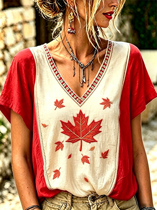 Women's Maple Leaf Print Casual V-Neck Tee