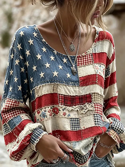 Women's National Flag Flower Patchwork Cotton-Linen Shirt