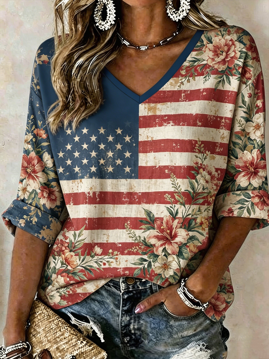 Women's USA Printed linen short-sleeved T-shirt