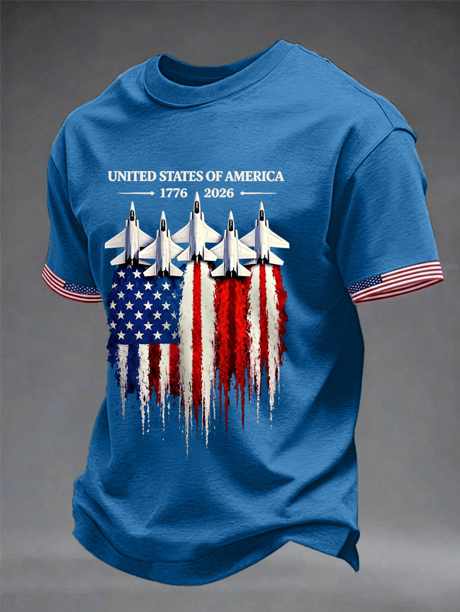 Men's Independence Day USA Flag Jet Print Casual Tee