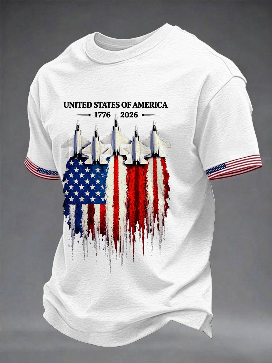 Men's Independence Day USA Flag Jet Print Casual Tee