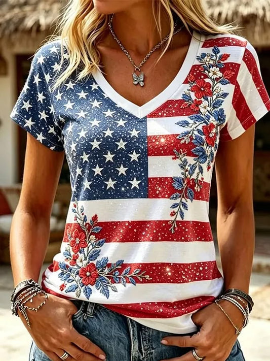 Women's Independence Day USA Flag Floral Print Casual V-Neck Patriotic Tee