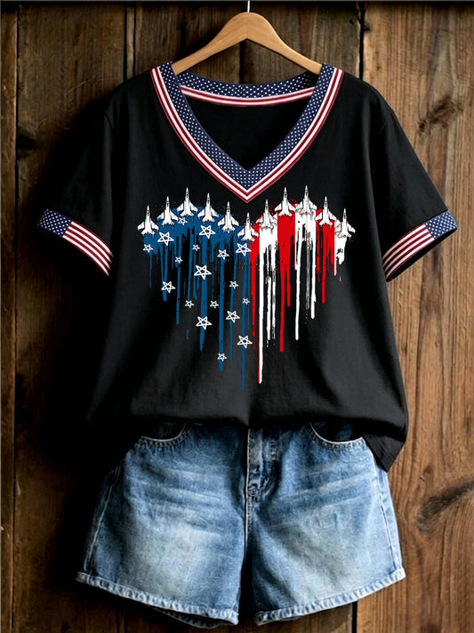 Women's Independence Day USA Flag Jet Heart Print Casual V-Neck Tee