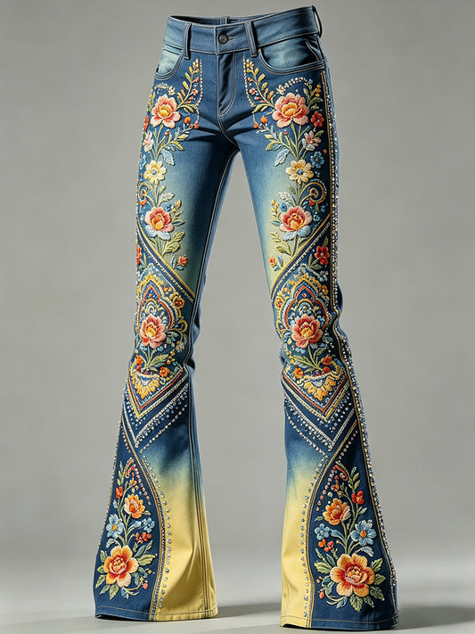 Women's Flowers Art Print Flared Trousers