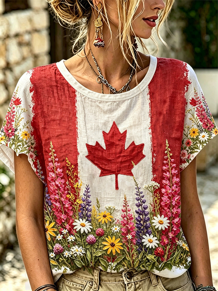 Women's Maple Leaf floral Print Casual Tee