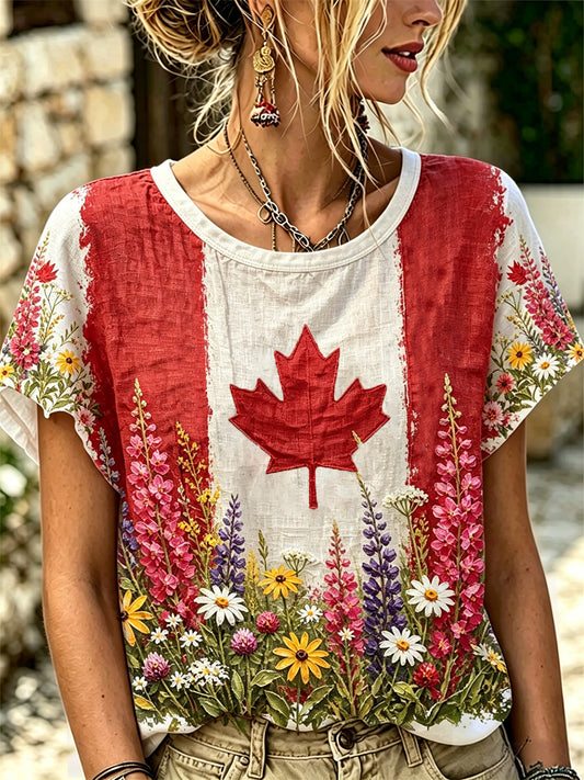 Women's Maple Leaf floral Print Casual Tee