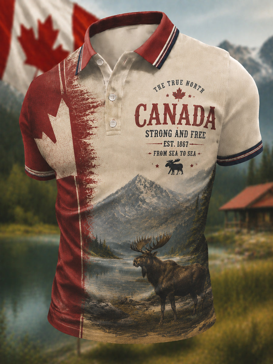 Men's Proud To Be Canadian Print Canada Day Casual Polo