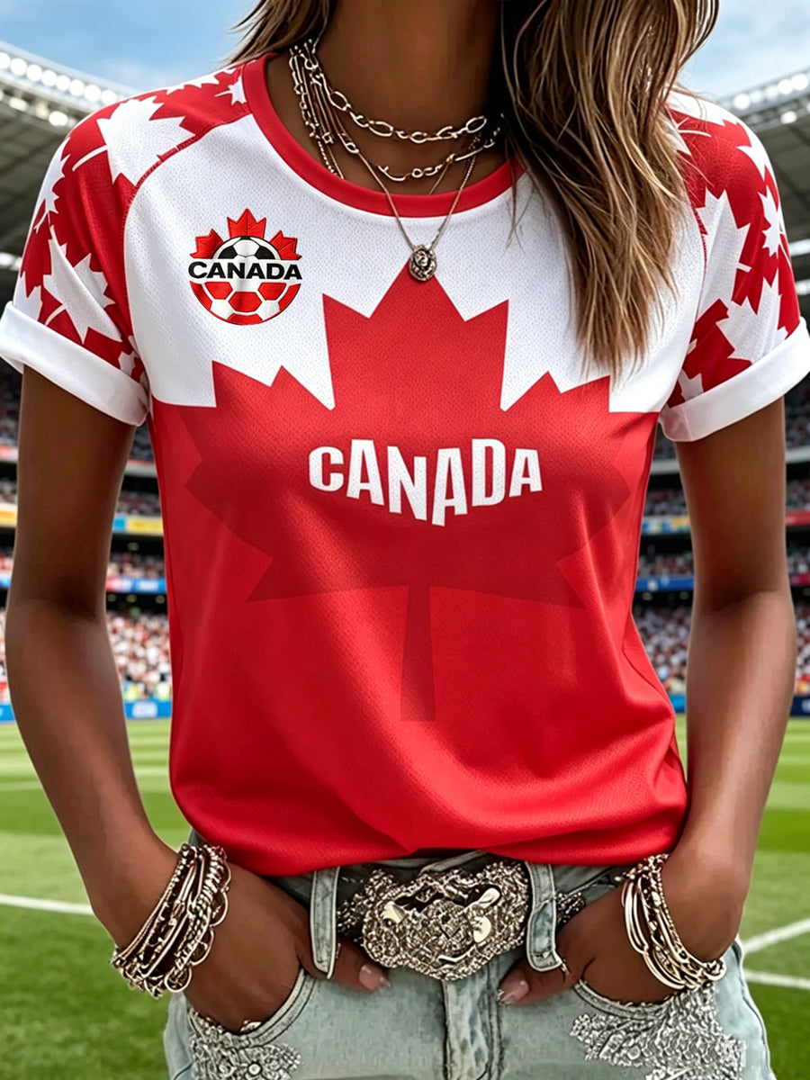 Women's Canada Soccer Printed Vintage Fashion Loose Short Sleeve T-Shirt