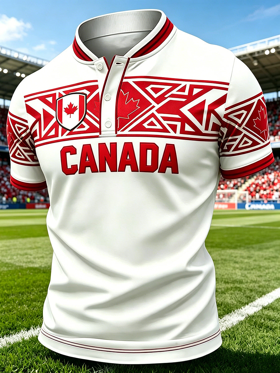 Men's Canada Soccer Printed Stand Up Collar Short Sleeved T-shirt
