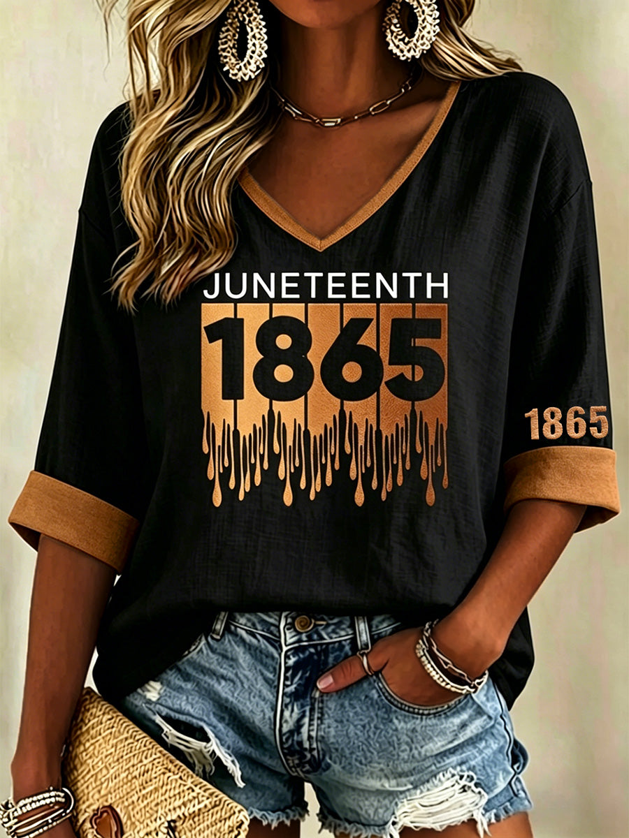 Women's Juneteenth Print Casual V-Neck Top
