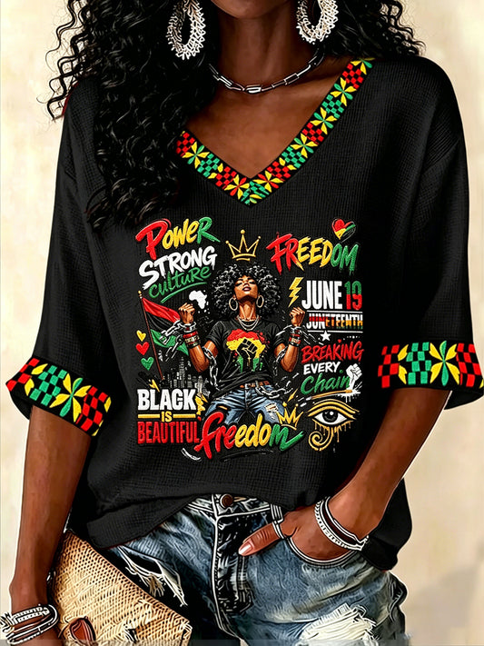 Women's Juneteenth 1865 Print Casual  Waffle T-shirt