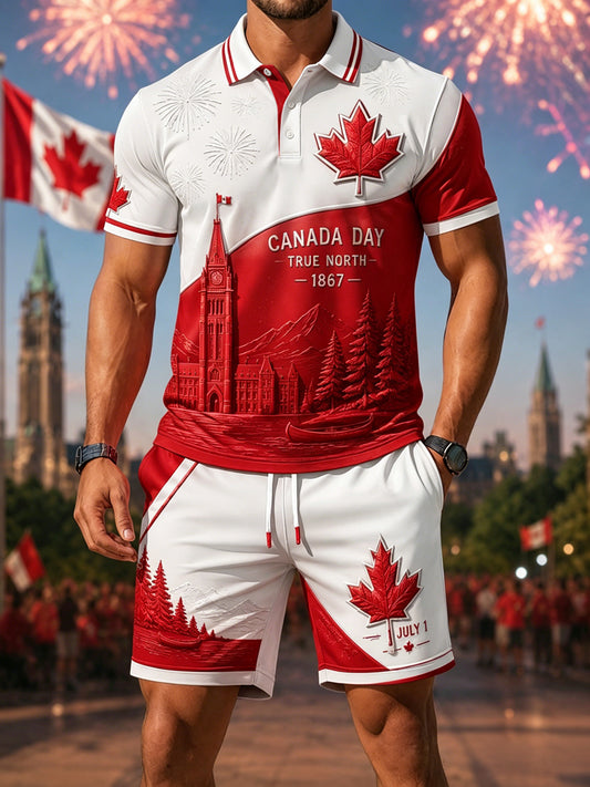 Men's Retro Canada Day Casual Polo Shirt and Shorts Set