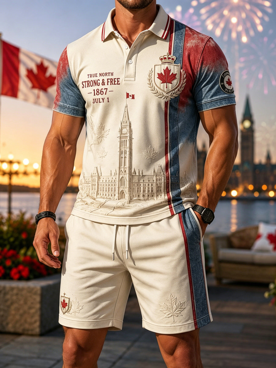 Men's Retro Canada Day Patchwork Casual Polo Shorts Set