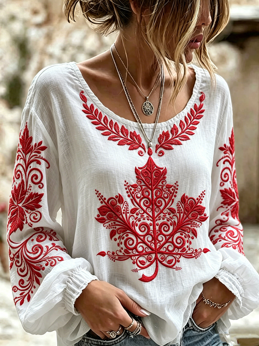 Women's Canada Maple Leaf Art Printed Round Neck Long Sleeved Shirt