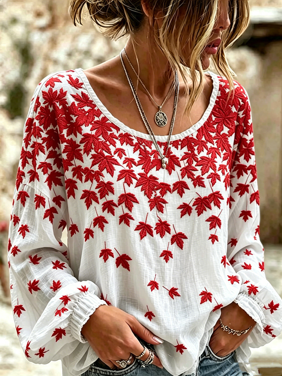 Women's Canada Maple Leaf Art Printed Round Neck Long Sleeved Shirt
