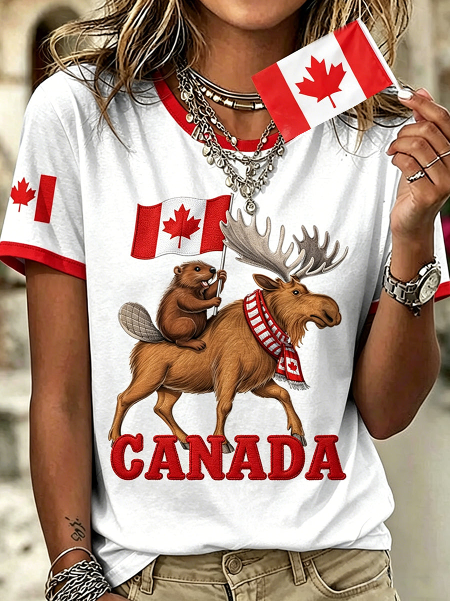 Women's Canada Day Printed Vintage Fashion Loose Short Sleeve T-Shirt