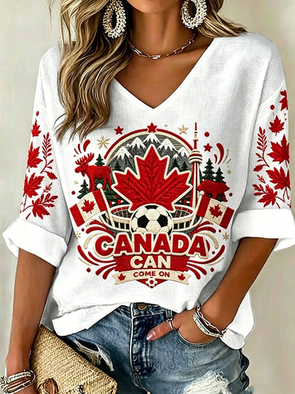 Women's V-neck Mid-Sleeve Canada Soccer Printed Casual T-shirt