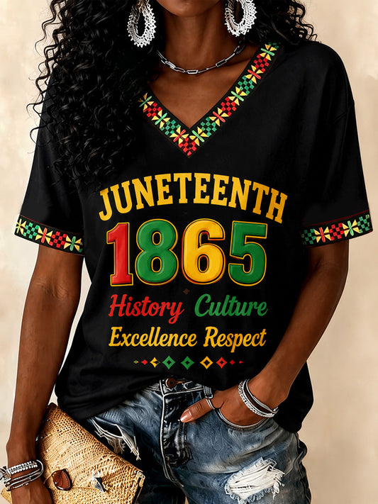 Women's Juneteenth Print Casual V-Neck Tee