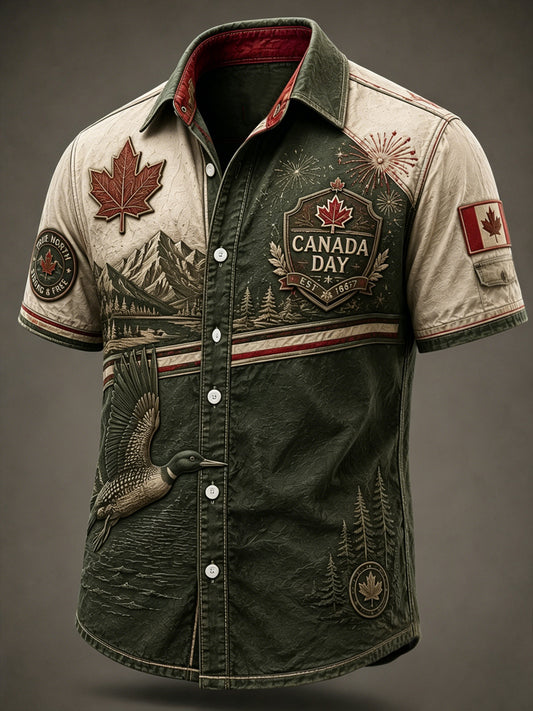 Retro Canada Day Patchwork Casual Shirt