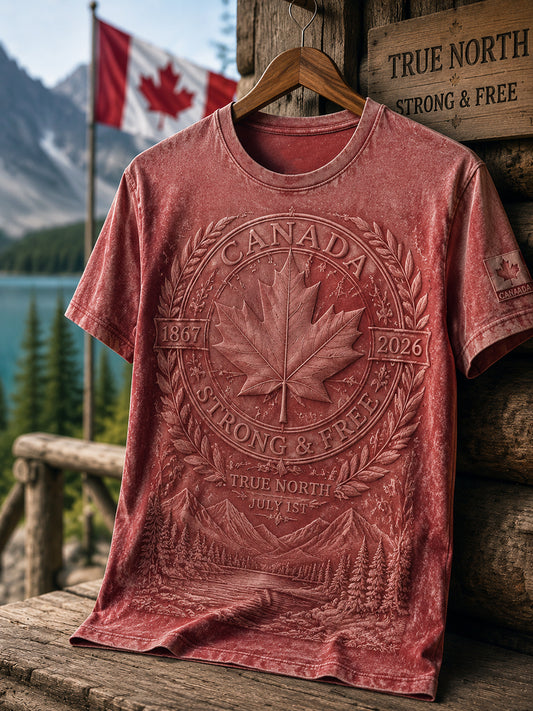 Vintage-Washed Canada Day Maple Leaf Casual T-Shirt