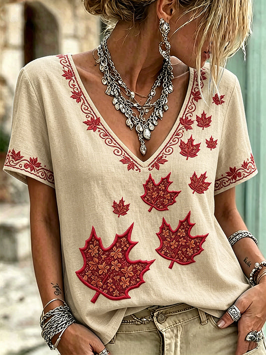 Women's Maple Leaf Art Printed Vintage Fashion Loose Short Sleeve T-Shirt