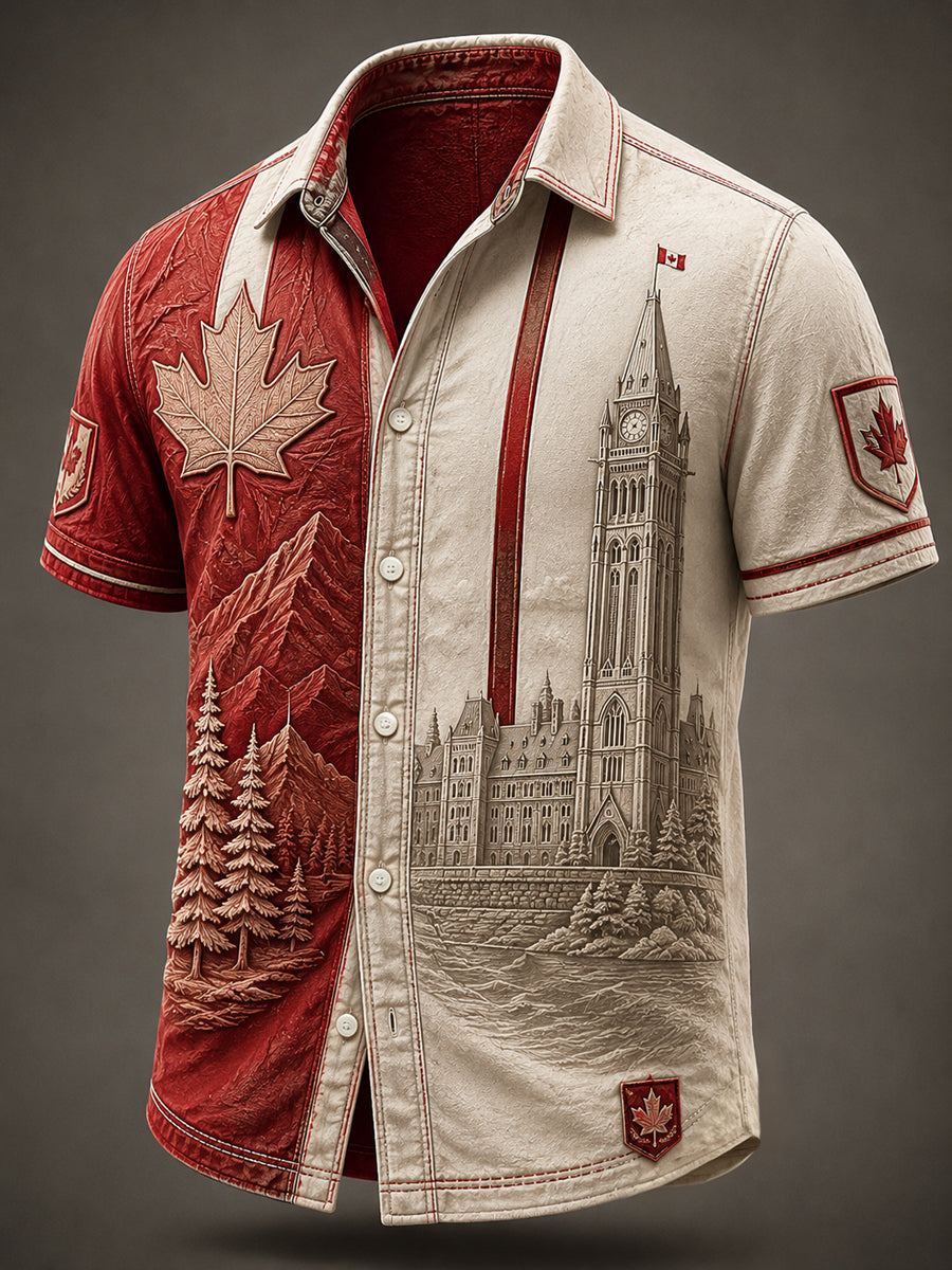 Retro Canada Day Maple Leaf Patchwork Casual Shirt