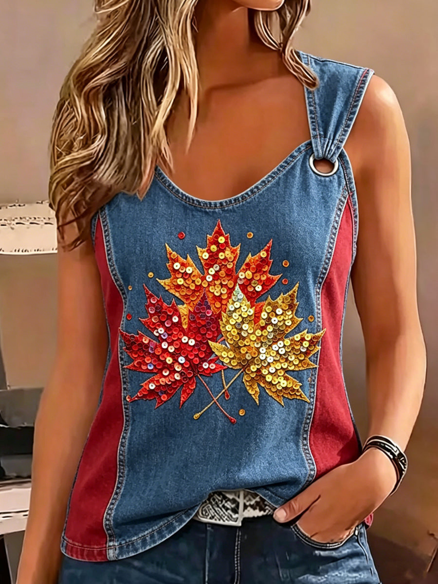 Women's Maple Leaf Art Print Sleeveless Tank Top