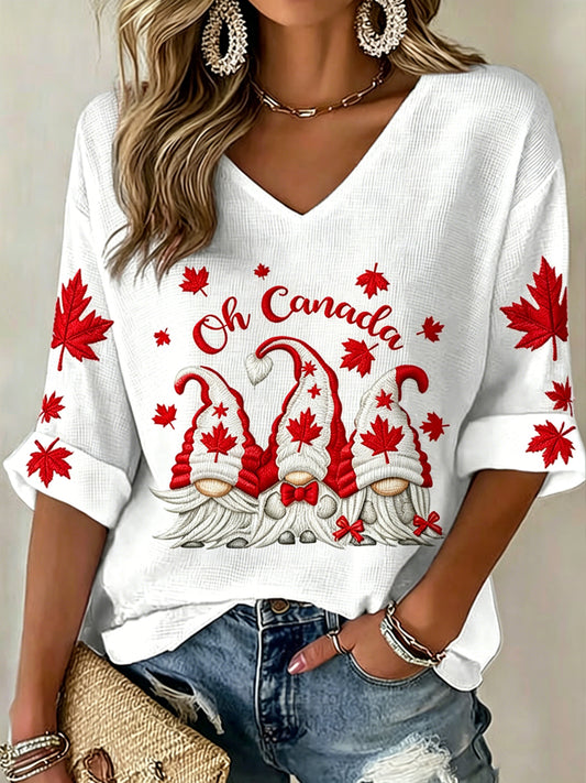 Women's V-neck Mid-Sleeve Canada Day Printed Casual T-shirt