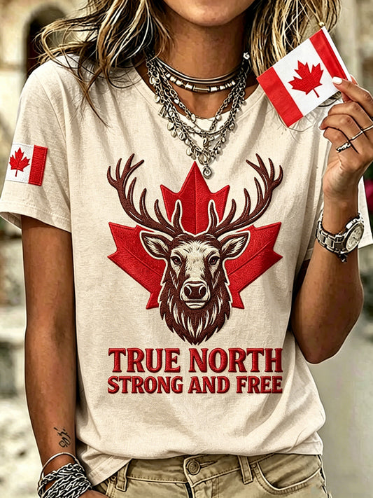 Women's Canada Deer Printed Vintage Fashion Loose Short Sleeve T-Shirt