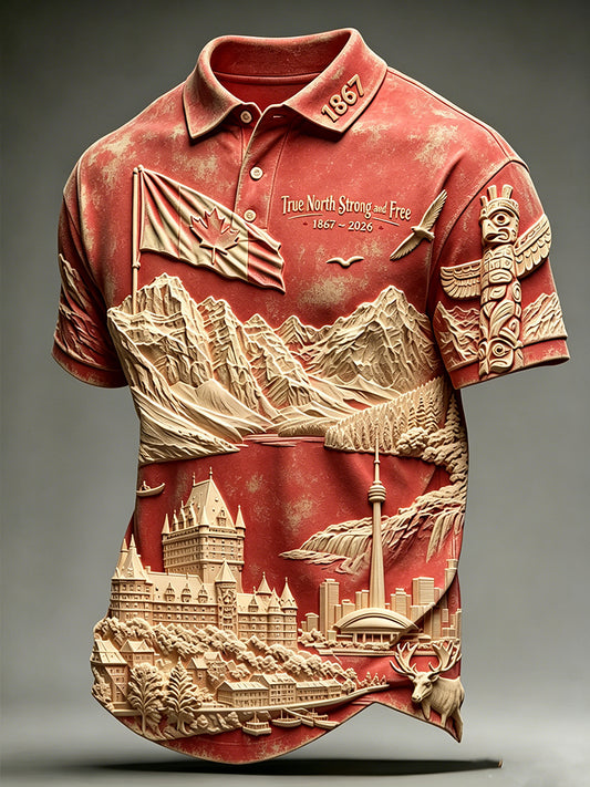 Men's Canada Day Print Polo Collar Casual Short Sleeved Shirt
