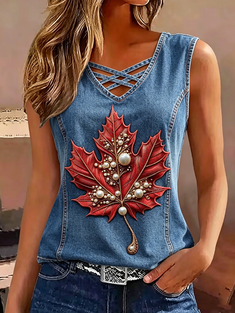 Women's Retro Canada Maple Leaf Art Print Sleeveless Tank Top