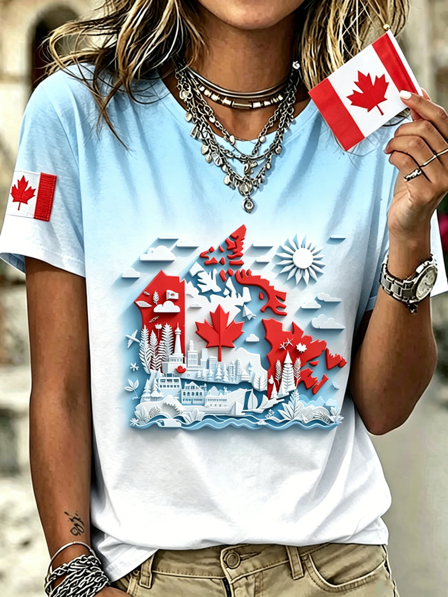 Women's Canada Day Printed Vintage Fashion Loose Short Sleeve T-Shirt