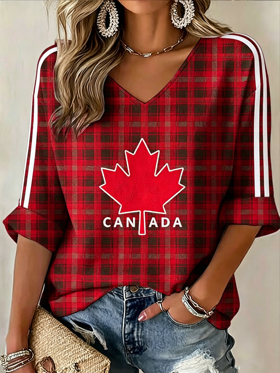 Women's V-neck Mid-Sleeve Canada Day Printed Casual T-shirt