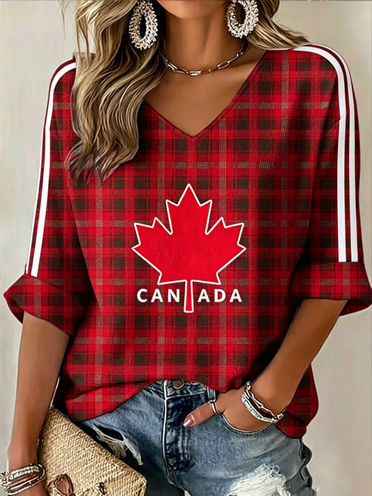 Women's V-neck Mid-Sleeve Canada Day Printed Casual T-shirt