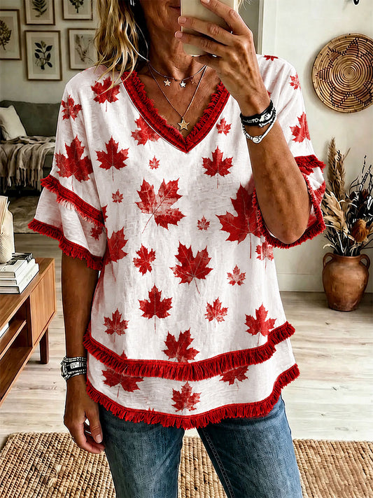 Women's Maple Leaf Print Casual T-Shirt