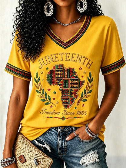 Women's Juneteenth  Print Casual V-Neck Tee