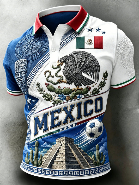 Men's Mexican Football Cheering Embossed Textured Traditional Totem Art Print Polo Shirt
