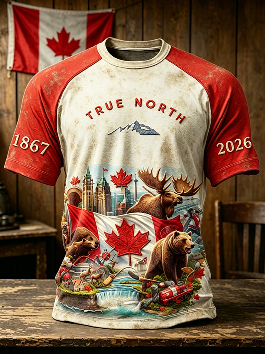 Men's Canada Day Commemoration Printed Vintage Loose Short Sleeve T-Shirt