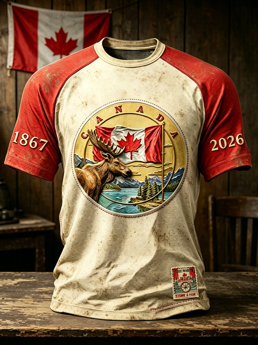 Men's Canada Day Commemoration Printed Vintage Loose Short Sleeve T-Shirt