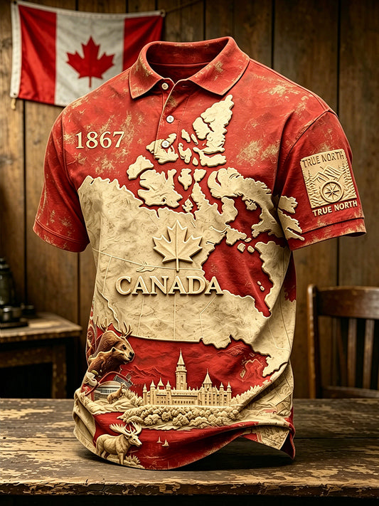 Men's Canada Day Commemoration Print Polo Collar Casual Short Sleeved Shirt
