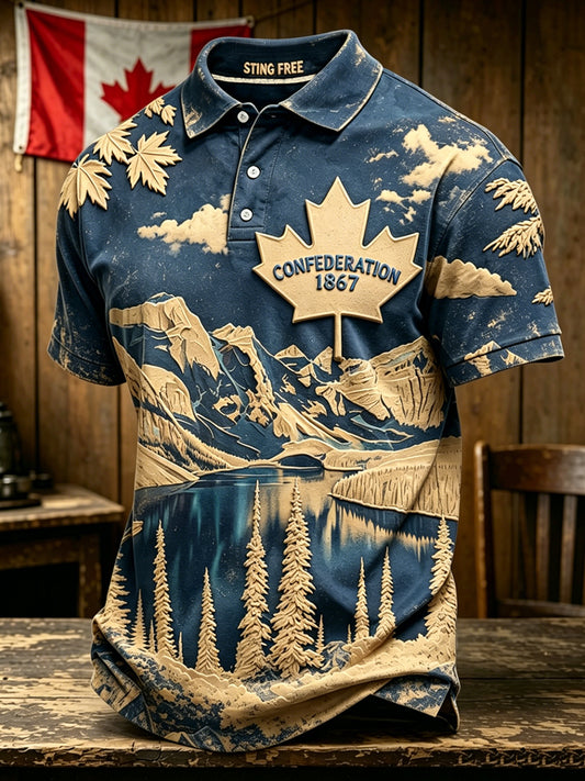 Men's Canada Day Commemoration Print Polo Collar Casual Short Sleeved Shirt