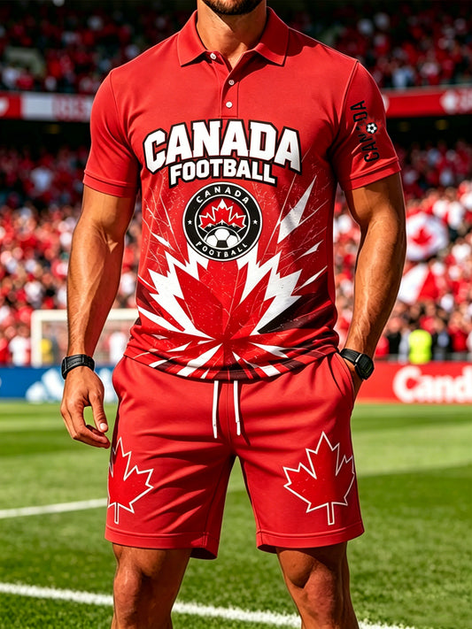 Men's Canada Soccer Print Polo Collar Casual Short Sleeved Set