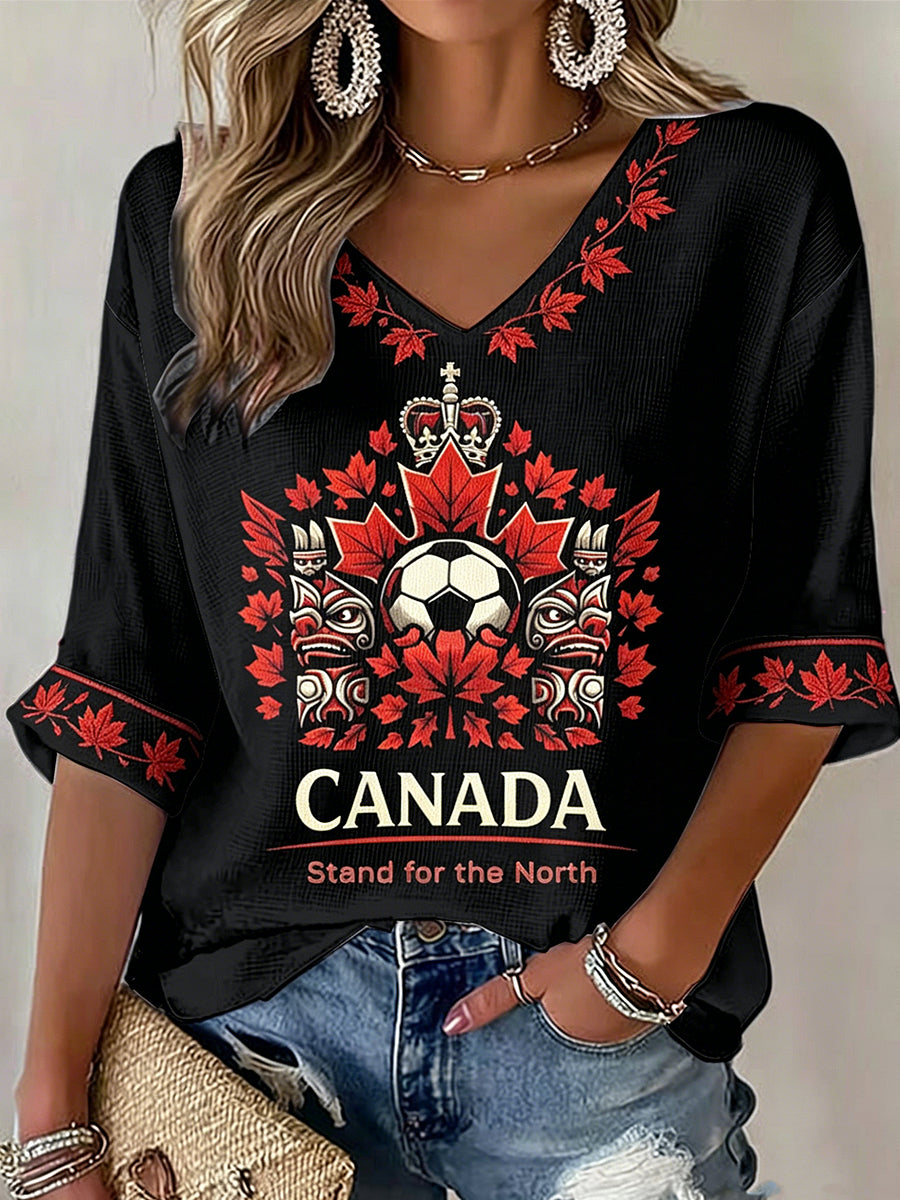 Women's V-neck Mid-Sleeve Canada Soccer Printed Casual T-shirt