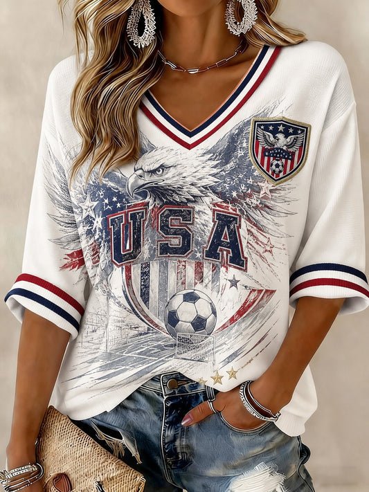 Women's USA Football Printed Mid-length Sleeves V-Neck T-Shirt