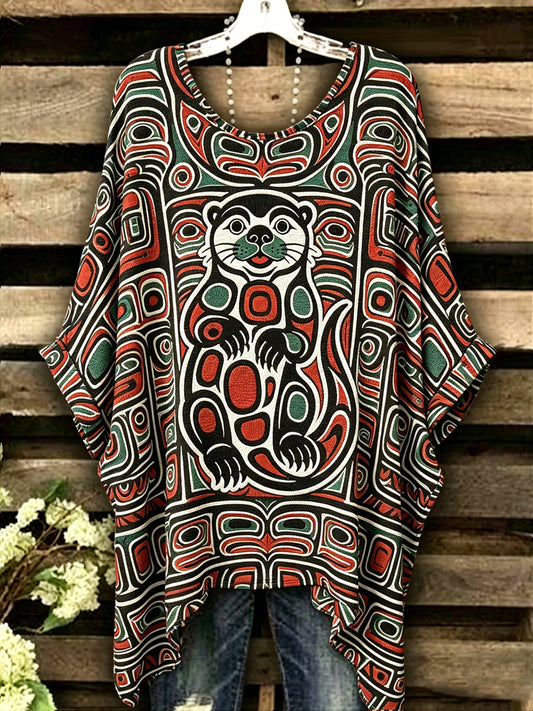 Women's Canadian Indigenous Beaver Printed Vintage Loose Short Sleeve T-Shirt
