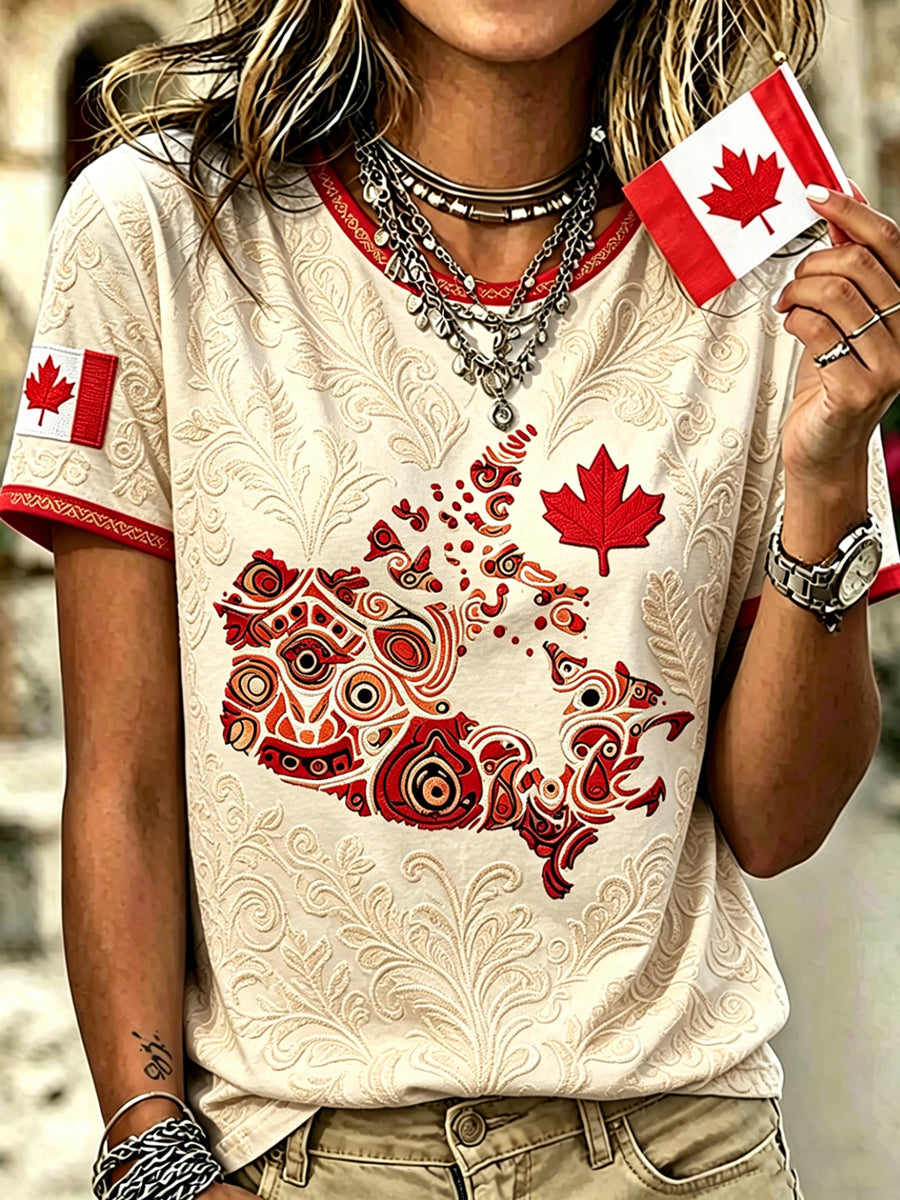 Women's Indigenous Canada Day Printed Vintage Fashion Loose Short Sleeve T-Shirt