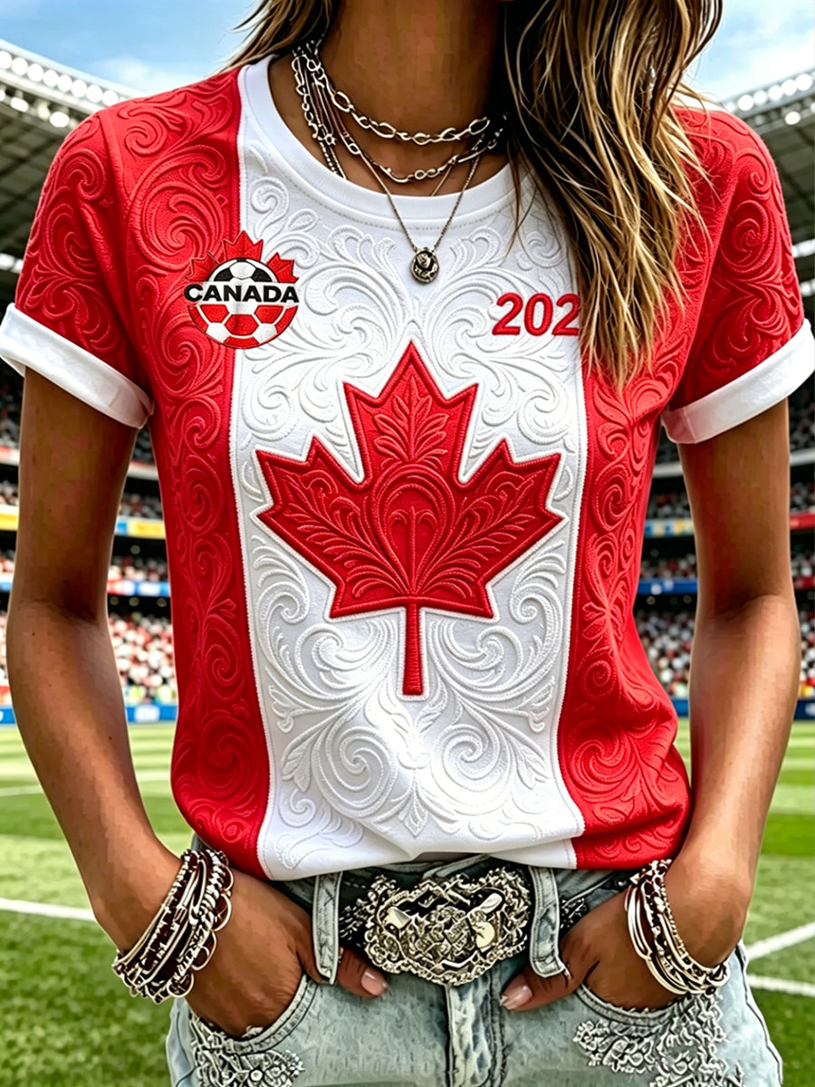 Women's Canada Soccer Printed Vintage Fashion Loose Short Sleeve T-Shirt