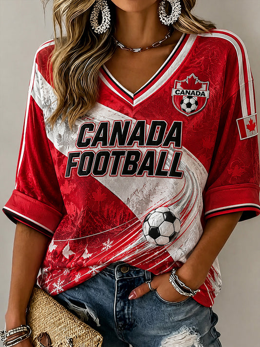 Women's Canada Football Pattern Linen V-Neck Shirt