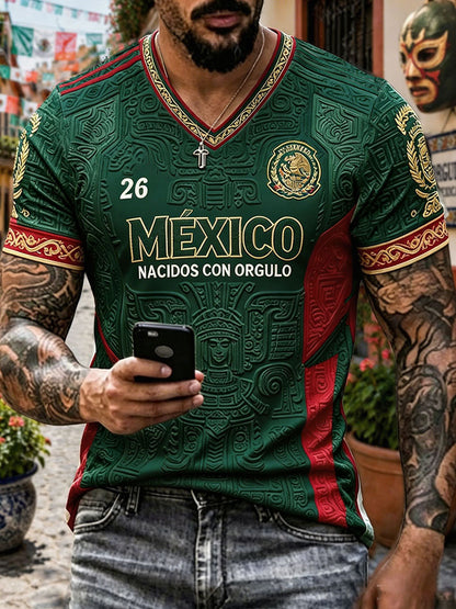 Men's Mexico Football Lover Art Printed V-neck T-shirt