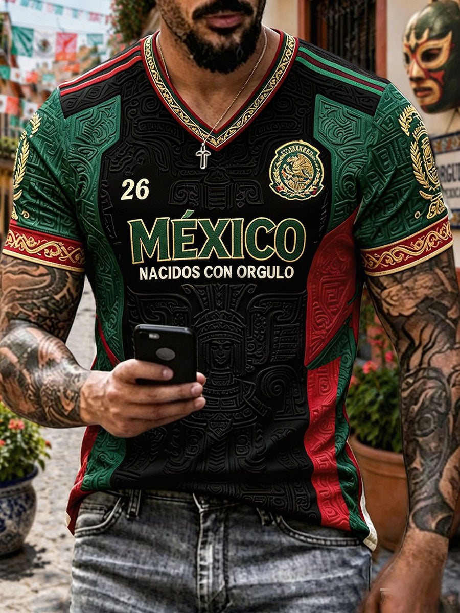 Men's Mexico Football Lover Art Printed V-neck T-shirt